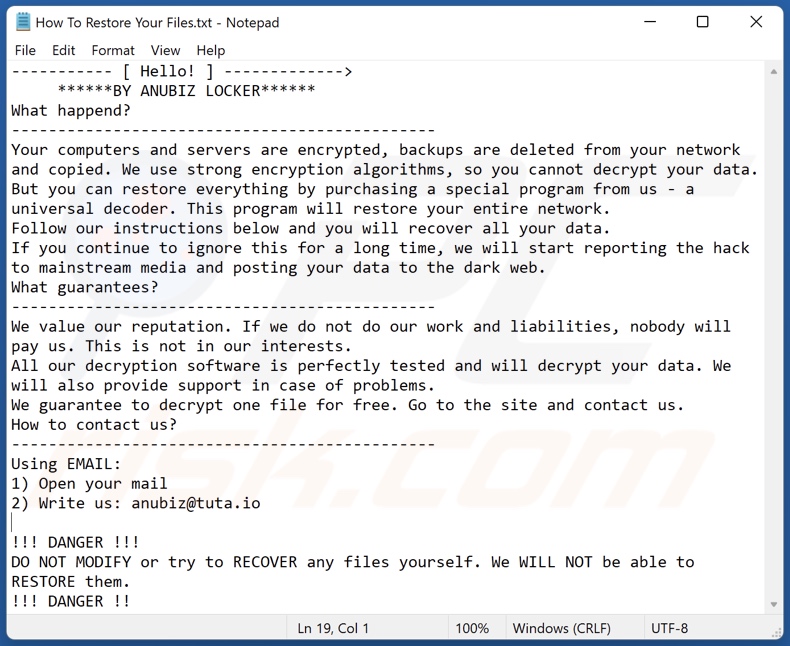 ANUBIZ LOCKER ransomware ransom-demanding message (How To Restore Your Files.txt)