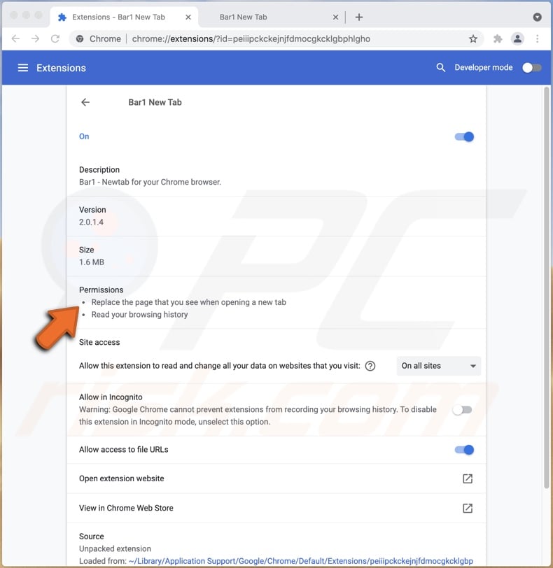 Bar1 New Tab browser hijacker Chrome permissions