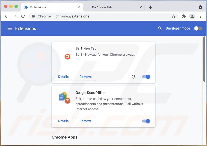 Bar1 New Tab browser hijacker installed on Chrome