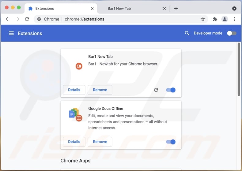 Bar1 New Tab browser hijacker installed on Chrome