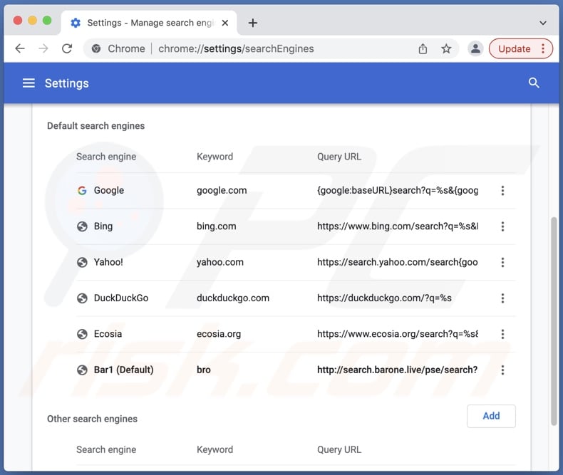 Bar1 New Tab browser hijacker search engine (barone.live) set as default in Chrome