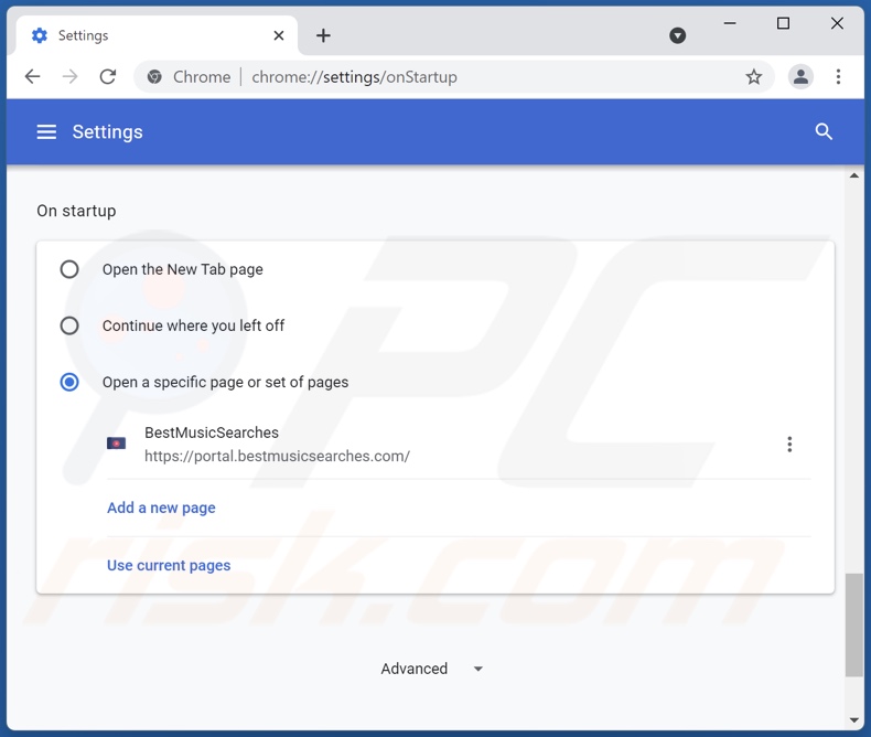 Removing bestmusicsearches.com from Google Chrome homepage