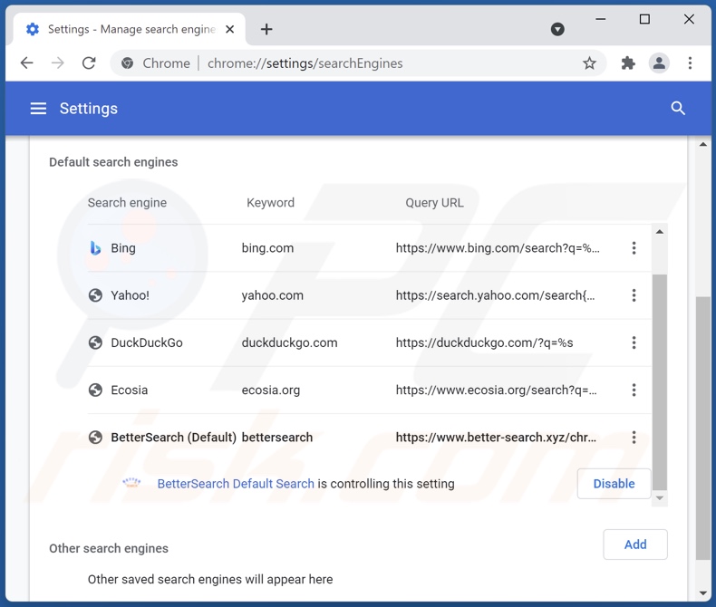 Removing better-search.xyz from Google Chrome default search engine