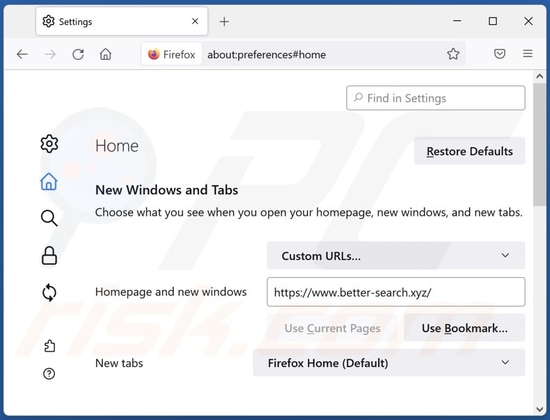 Removing better-search.xyz from Mozilla Firefox homepage