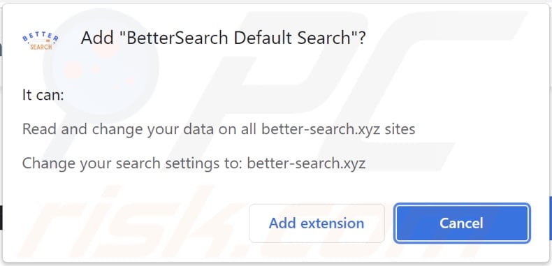 BetterSearch Default Search browser hijacker asking for permissions