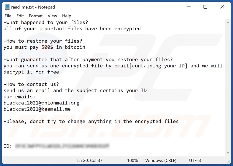 Black ransomware ransom-demanding message (read_me.txt)