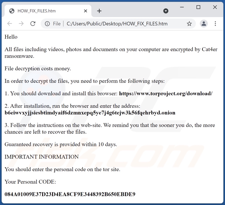 Cat4er ransomware ransom-demanding message (HOW_FIX_FILES.htm)