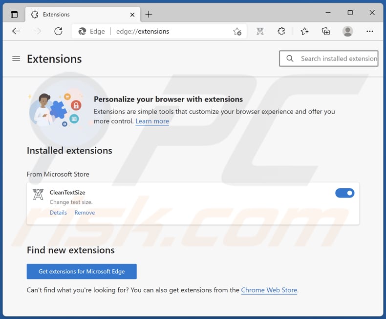 cleantextsize adware installed on edge