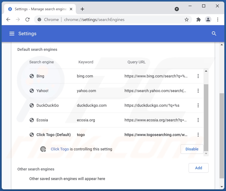 Removing togosearching.com from Google Chrome default search engine