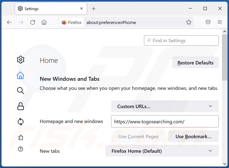 Removing togosearching.com from Mozilla Firefox homepage