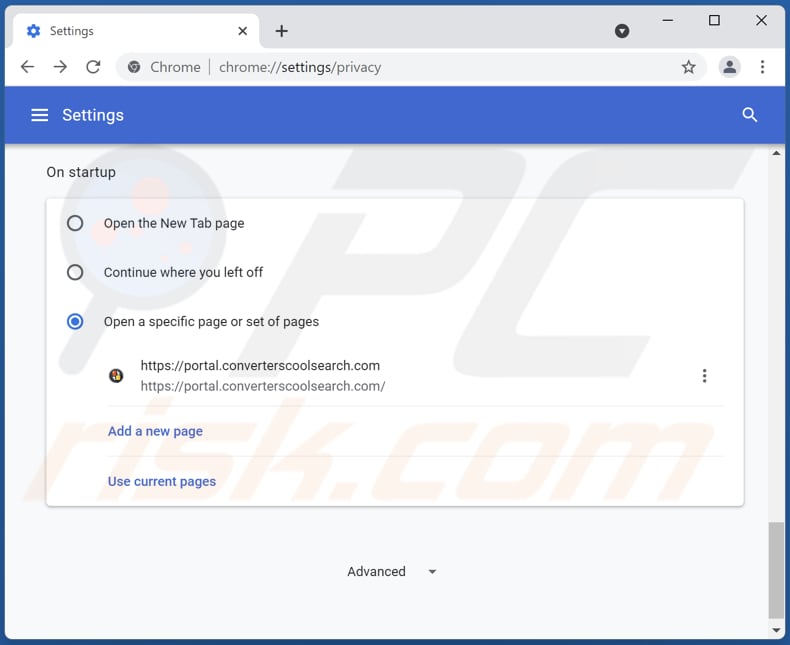 Removing converterscoolsearch.com from Google Chrome homepage