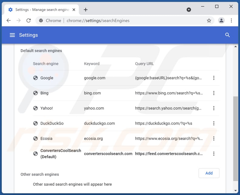 Removing converterscoolsearch.com from Google Chrome default search engine