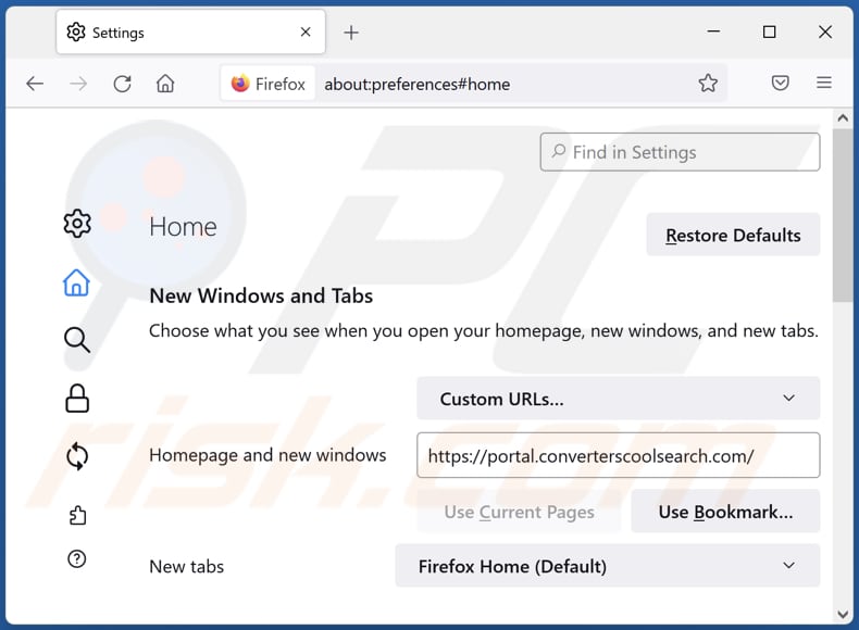 Removing converterscoolsearch.com from Mozilla Firefox homepage