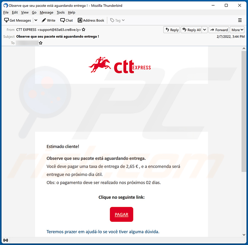 CTT-themed spam email promoting a phishing site (2022-02-08)