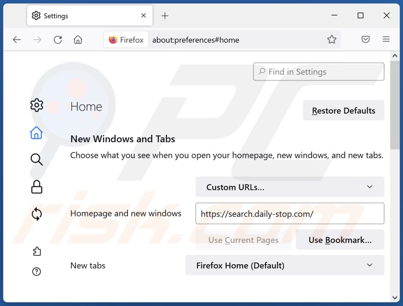 Removing search.daily-stop.com from Mozilla Firefox homepage