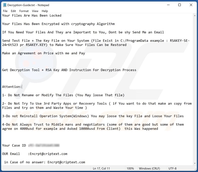 encrpt ransomware ransom note Decryption-Guide.txt
