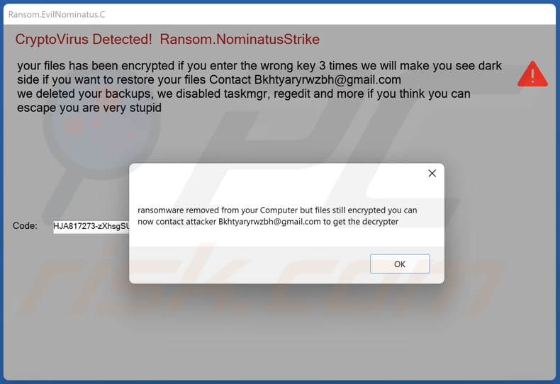 evilnominatus ransomware message appearing after entering a removal code