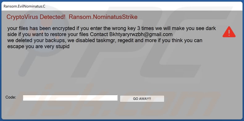 EvilNominatus ransomware pop-up window