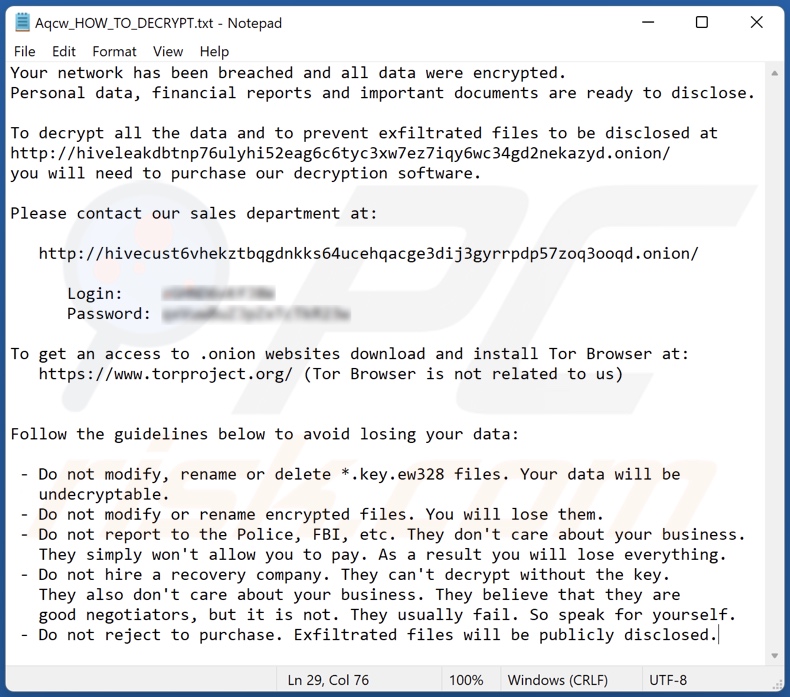 Ew328 ransomware ransom-demanding message (Aqcw_HOW_TO_DECRYPT.txt)