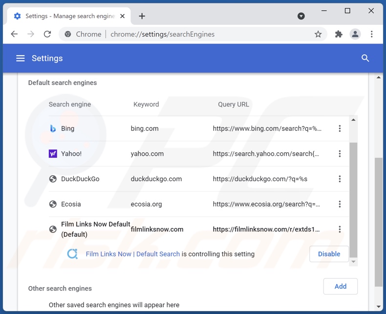 Removing filmlinksnow.com from Google Chrome default search engine