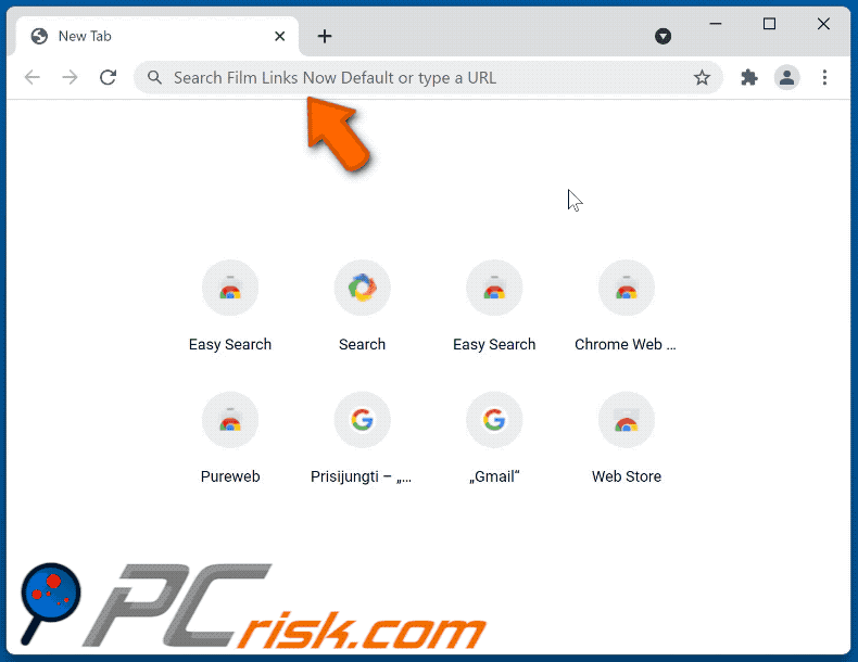 Film Links Now | Default Search browser hijacker redirecting to Bing (GIF)