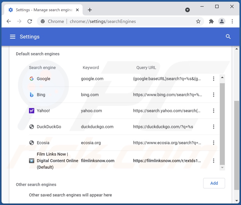 Removing filmlinksnow.com from Google Chrome default search engine