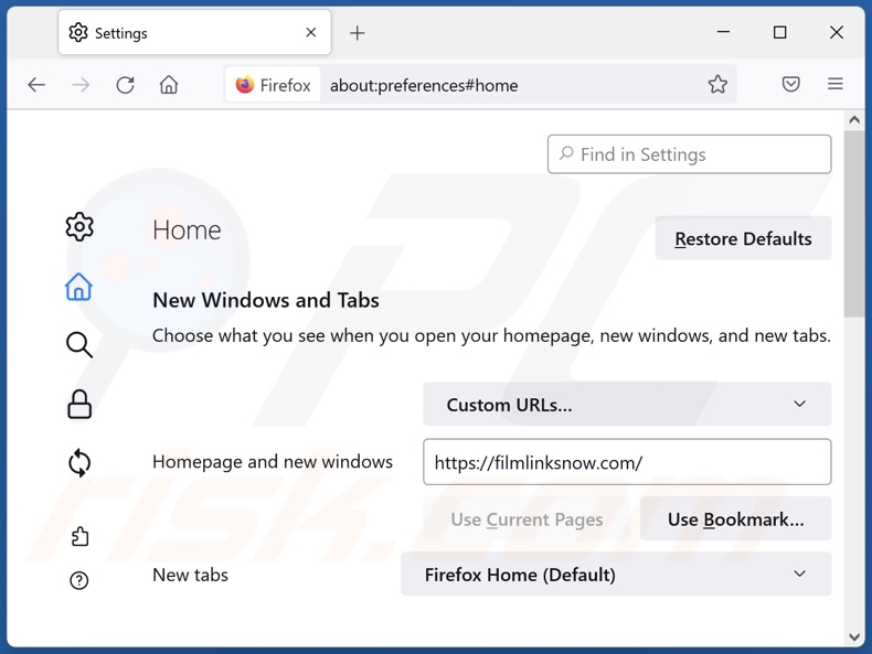 Removing filmlinksnow.com from Mozilla Firefox homepage