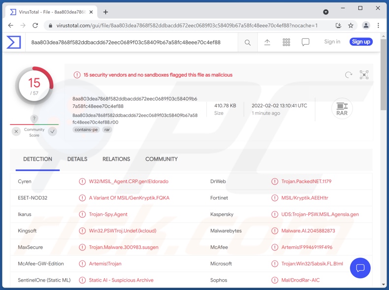 FITS email virus attachment detections on VirusTotal (Payment_Advice.r00)