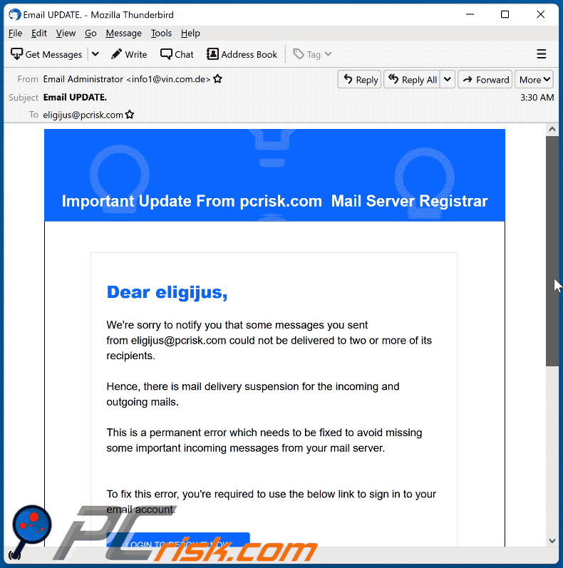 Important Update From Mail Server Registrar scam email appearance (GIF)
