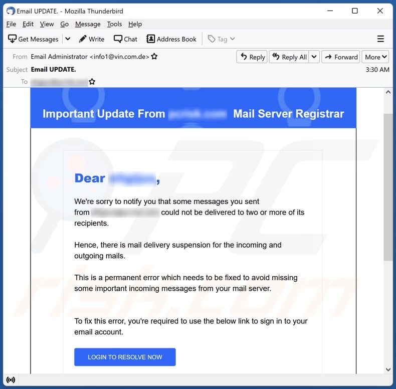 Important Update From Mail Server Registrar email spam campaign
