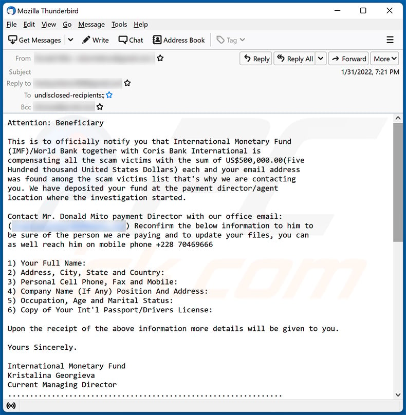 INTERNATIONAL MONETARY FUND (IMF) Email Scam (2022-02-02)