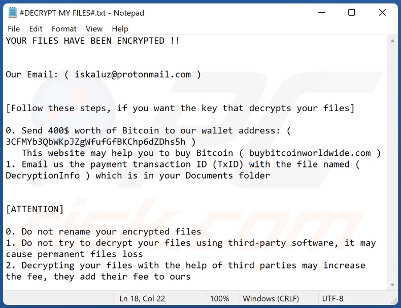 Iskaluz ransomware ransom-demanding message (#DECRYPT MY FILES#.txt)