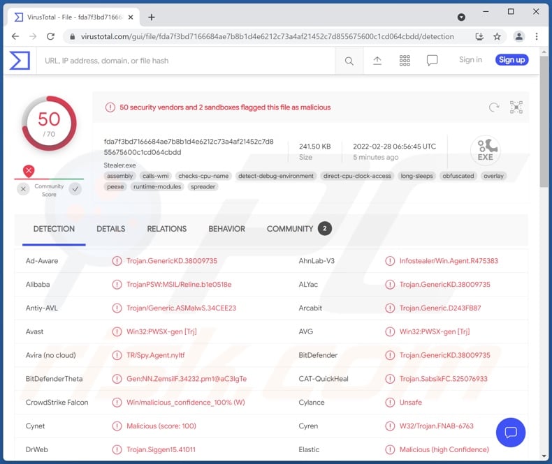 Jester Stealer malware detections on VirusTotal