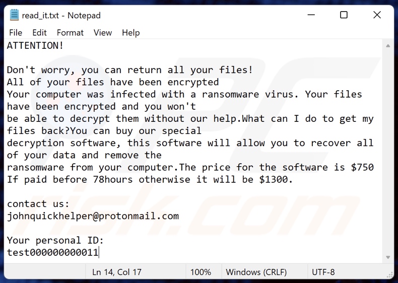 Johnquickhelper ransomware ransom-demanding message (read_it.txt)