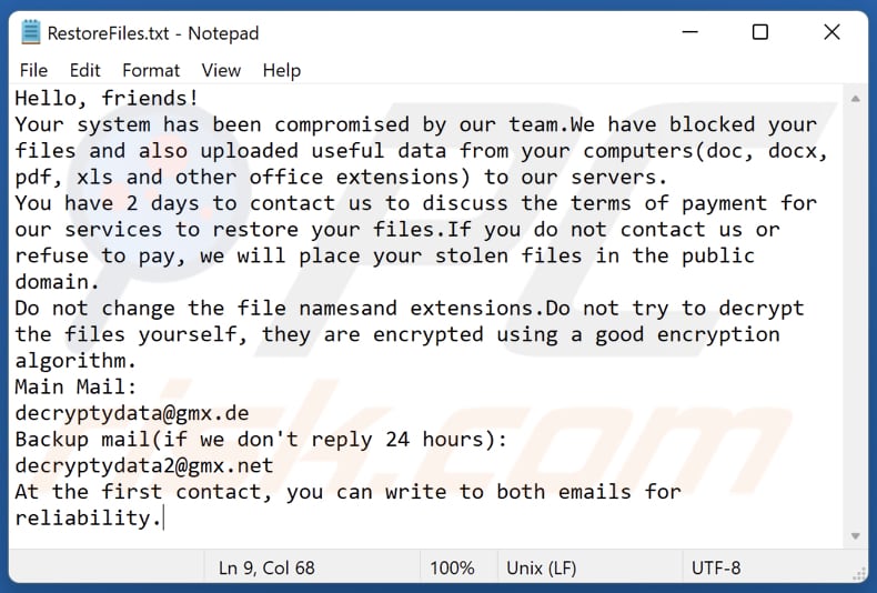 Kings ransomware text file (RestoreFiles.txt)