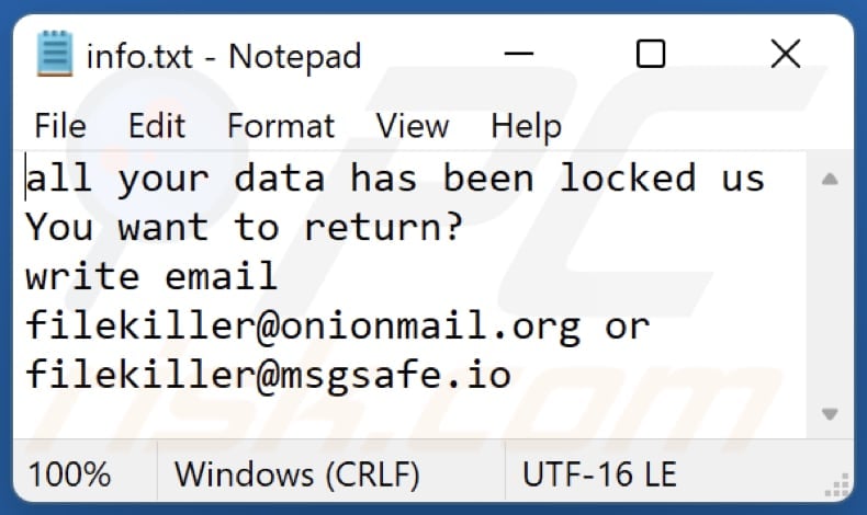 kl ransomware ransom note (info.txt)