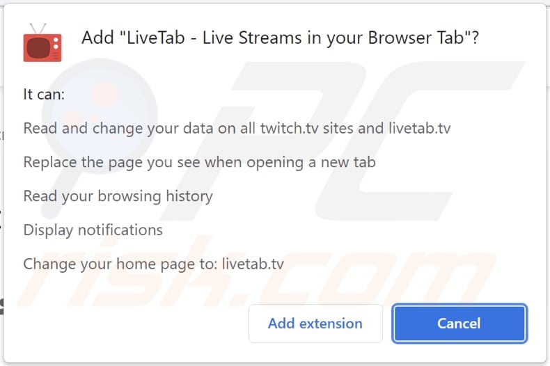 LiveTab - Live Streams in your Browser Tab browser hijacker notification displayed by browser