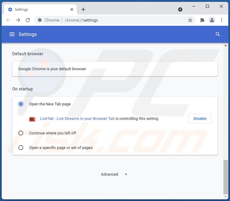Removing livetab.tv from Google Chrome homepage