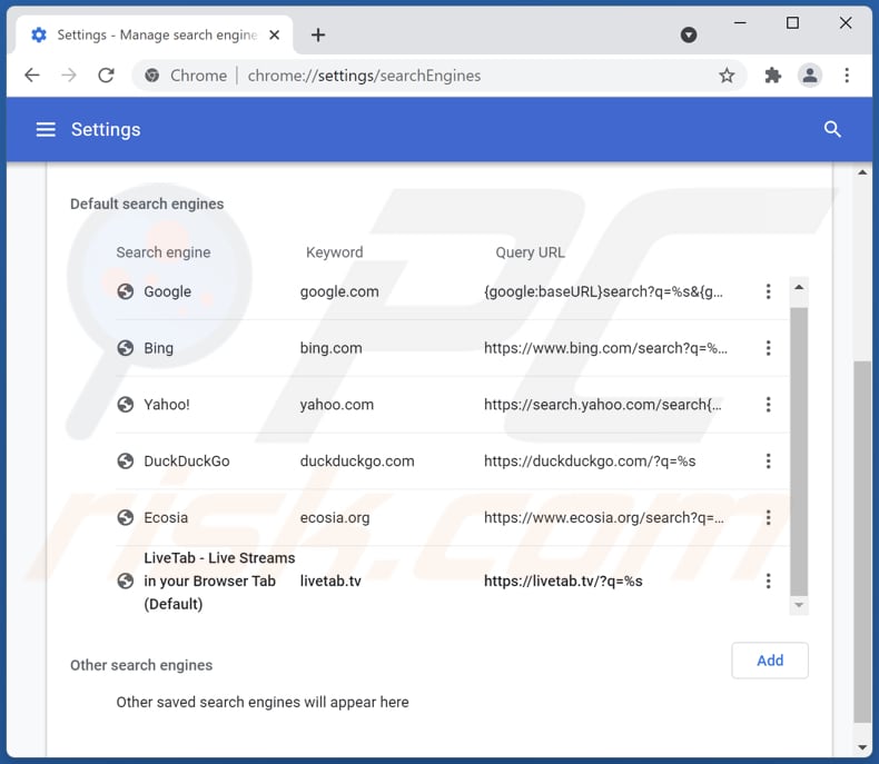 Removing livetab.tv from Google Chrome default search engine