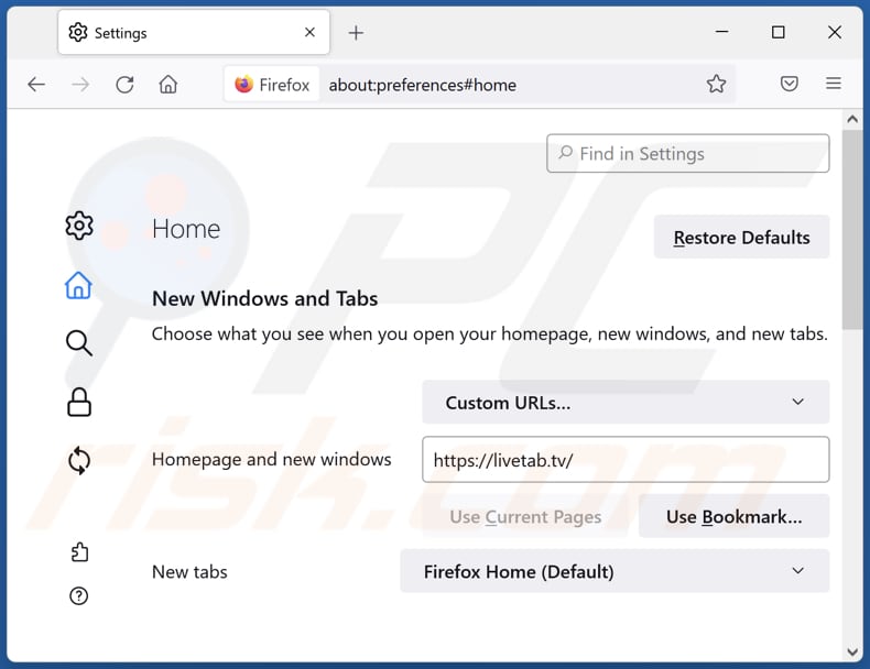 Removing livetab.tv from Mozilla Firefox homepage