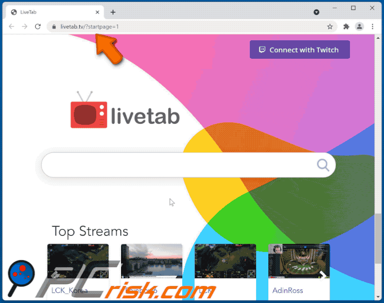 livetab live streams in your browser tab browser hijacker livetab.tv shows search results