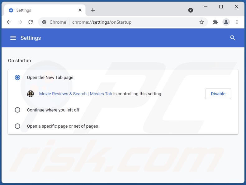 Removing movieztab.com from Google Chrome homepage