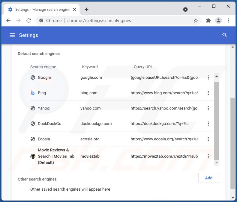 Removing movieztab.com from Google Chrome default search engine