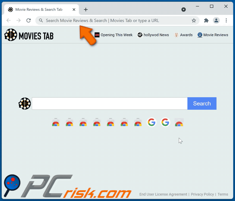 Movie Reviews & Search | Movies Tab browser hijacker redirecting to Bing (GIF)