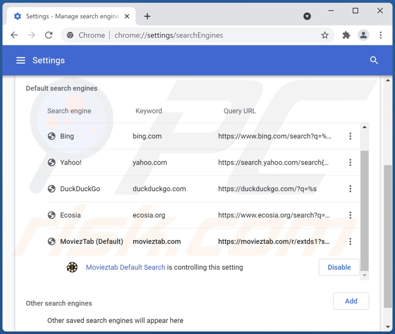 Removing movieztab.com from Google Chrome default search engine