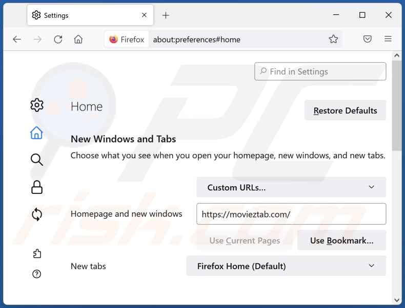 Removing movieztab.com from Mozilla Firefox homepage