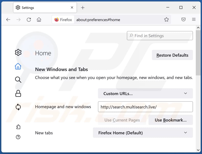 Removing search.multisearch.live from Mozilla Firefox homepage