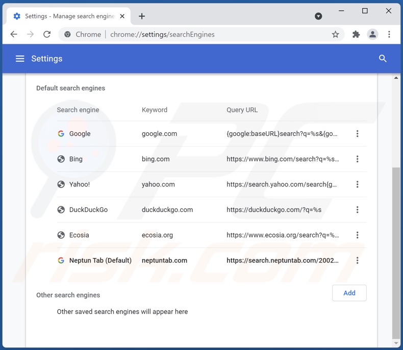 Removing search.neptuntab.com from Google Chrome default search engine