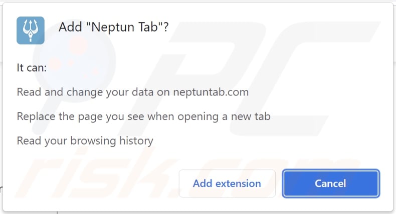 Neptun Tab browser hijacker asking for permissions