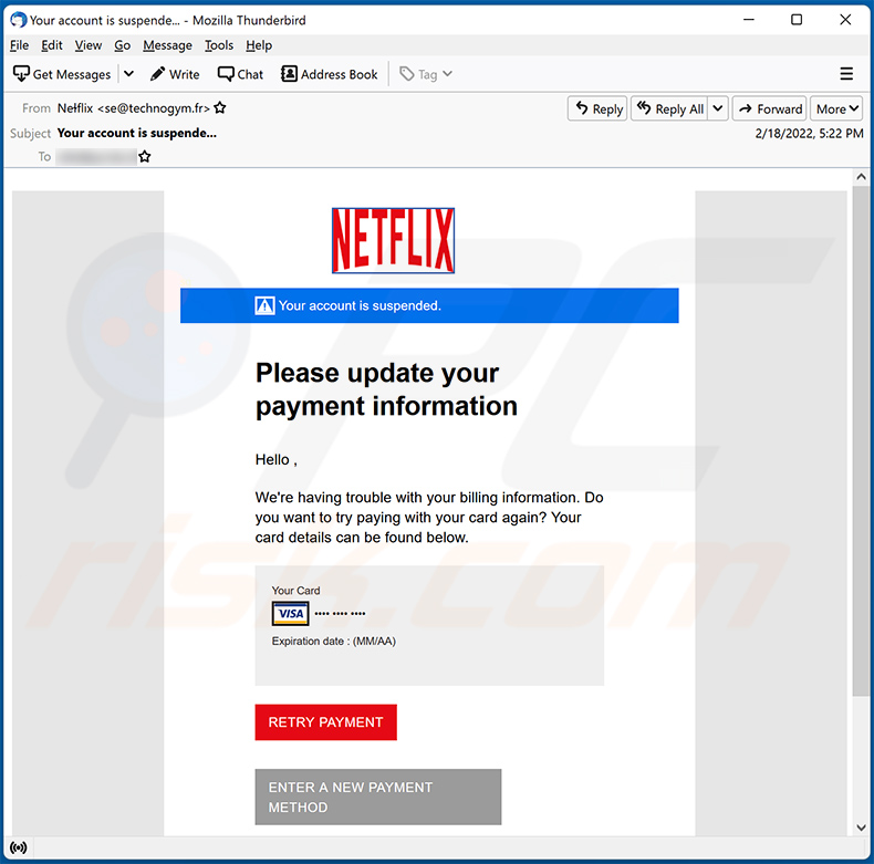 Netflix-themed spam email promoting a phishing site (2022-02-22)